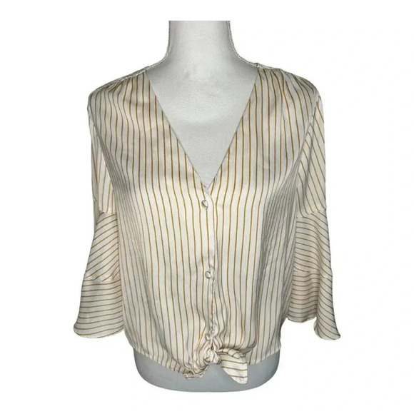 LC Lauren‎ Conrad Women’s Large Gold & White Stripe Crop Flutter Sleeve Tied Top - Picture 1 of 7